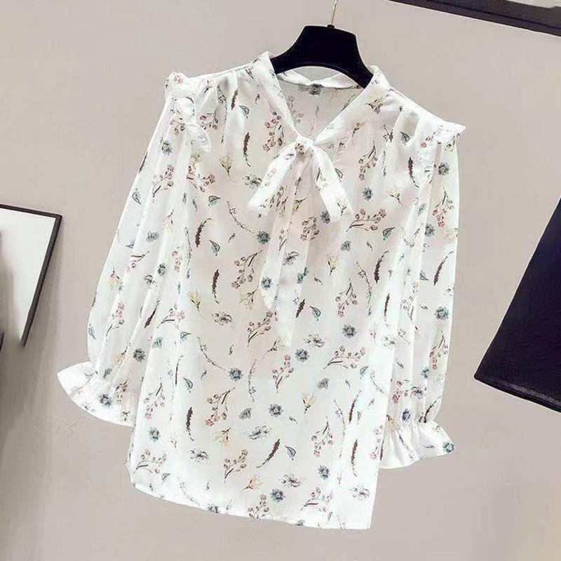 Design Niche Women's Shirts Women's Chiffon Three-quarter-sleeved Shirt Floral Shirt Temperament Elegant Bow Fabric Light and Breathable