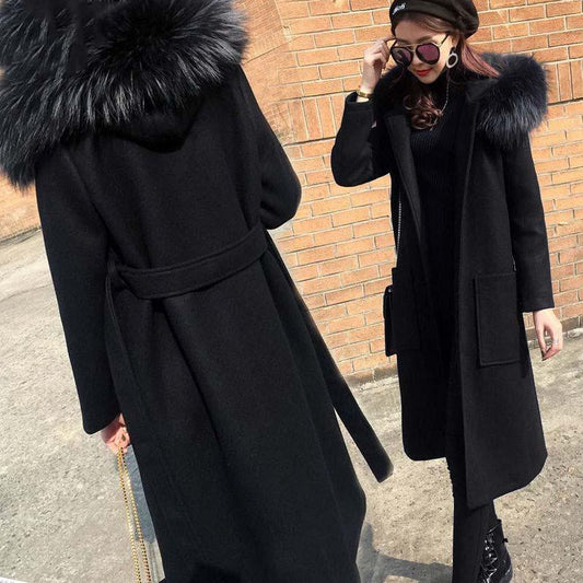 Autumn Winter Coat Cashmere Trench Jacket Women Casual Black Coat with Hooded Warm Pocket Jackets