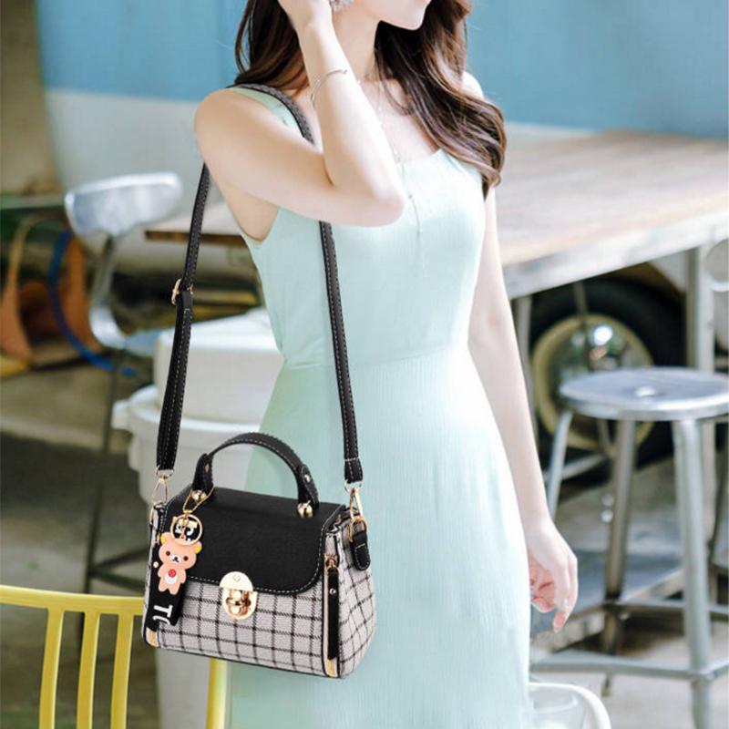 Crossbody Bag Ladies Black PU Leather Waterproof Large Capacity Lattice Bear Handbag Shoulder Bags