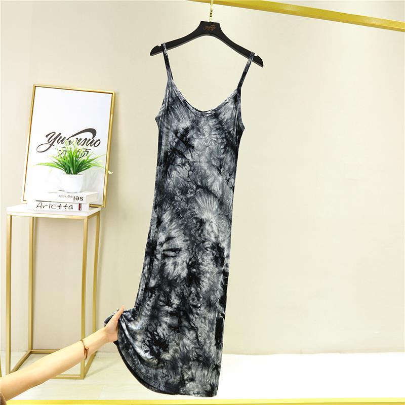 Female Thin Simple Suspender Modal Fiber Tie Dyed Sleeve Less A-line Waistcoat and Long Dress