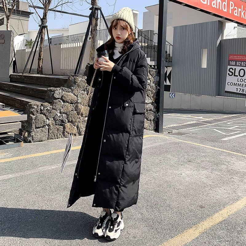 Winter Warm Down Padded Jacket Women's Loose Super Long Style Knee-to-ankle Padded Bread Jacket Stand-up Collar Hooded Down Jacket Sleeves Slim Fit