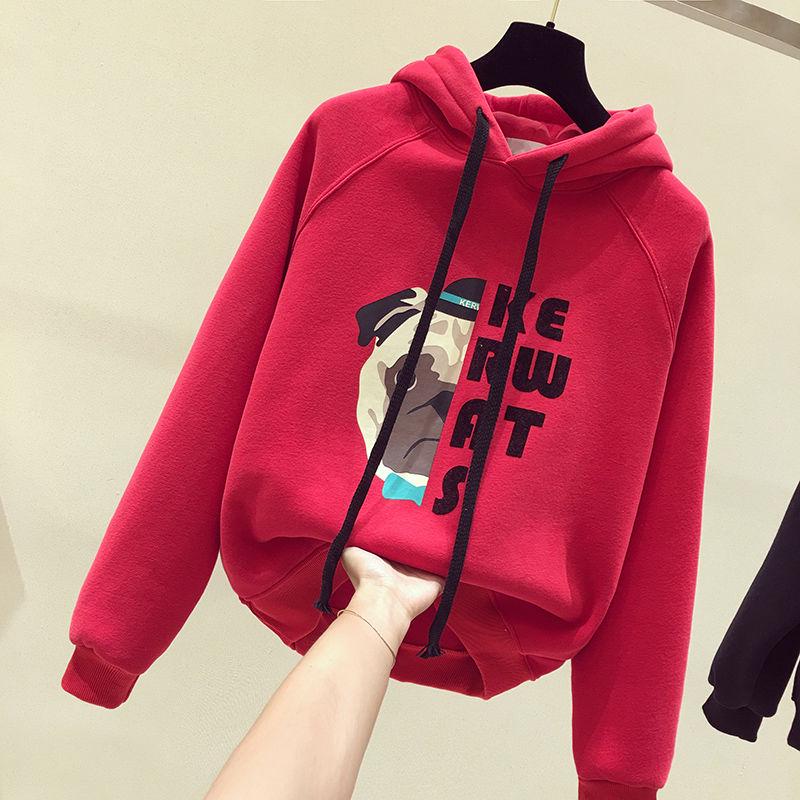 Large size long sleeve warm hooded Tops autumn and winter sweater pure cotton women's jersey wild