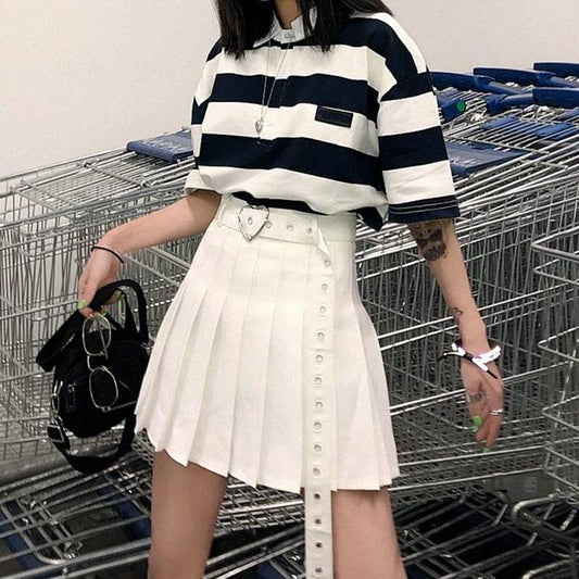 Women Summer Anti-walkout High Waist Slim Skirt Wild Black Pleated Skirt Hip Hop A-line Skirts Belt