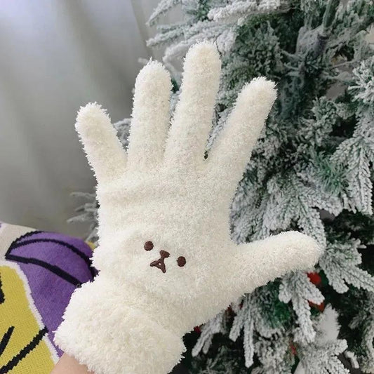 Women's Plush Cute Cartoon Gloves Winter Warm Plus Velvet Thick Embroidery Five Fingers Mittens Outdoor Cycling Cotton Gloves Windproof Soft Gloves