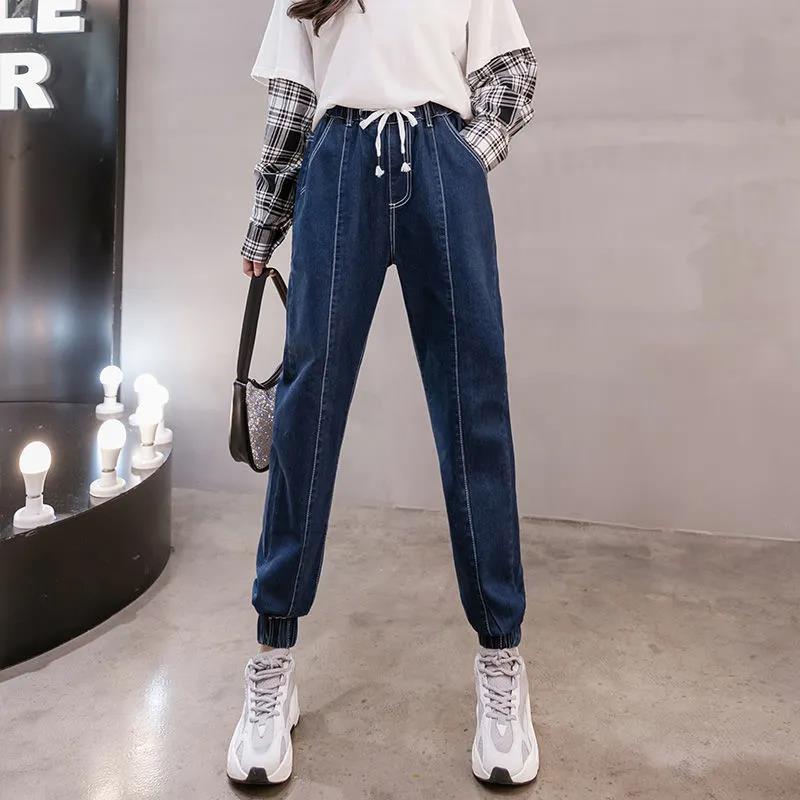 WTEMPO Sport Casual Style Blue Jeans Women's Elastic Waist Loose Casual High Waist Solid Color Pants