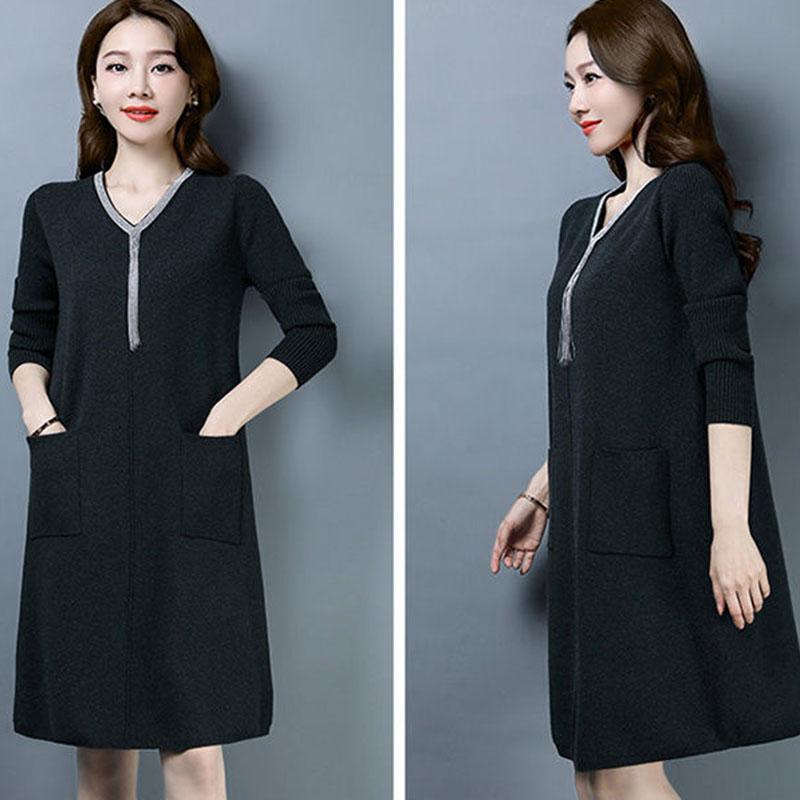 Autumn and Winter Knitted Simple Dress Mid-length Fashion Casual Bottoming Skirt Middle-aged Women Sweater Dress