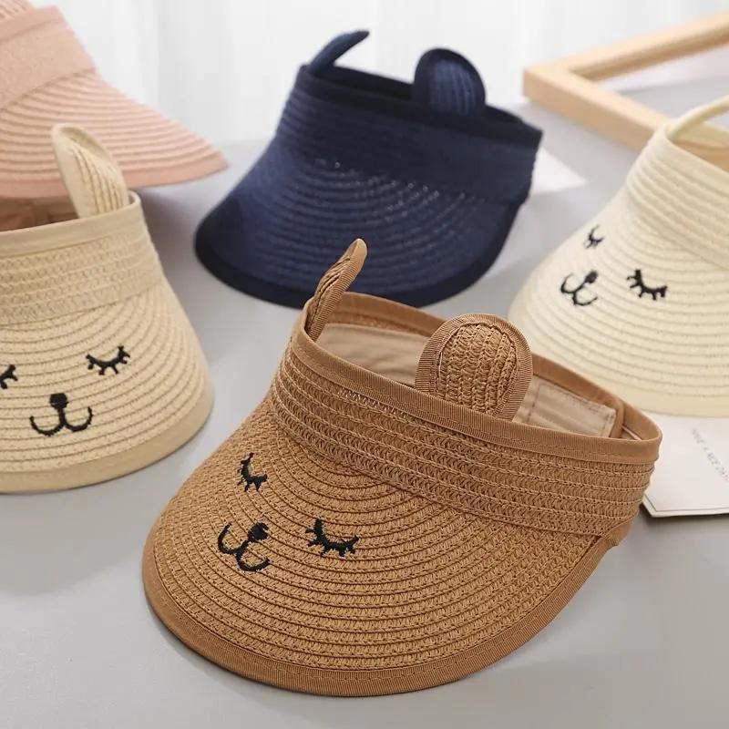 Cute Cartoon Foldable Ears Baby Empty Top Hat Summer Straw Hat Sun Protective Hat Embroidered Boys and Girls Outdoor Wide Brim Peaked Cap 1-5Y