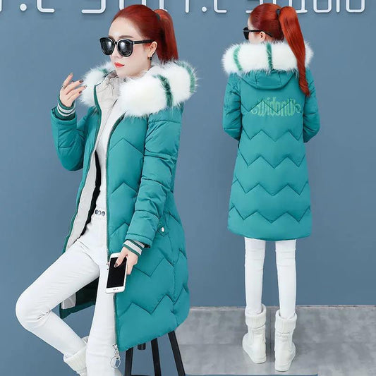 Down Jacket Winter Ladies Fashion Korean Big Fur Collar Thick Warm Hooded Mid-length Plus Size Cotton Jacket