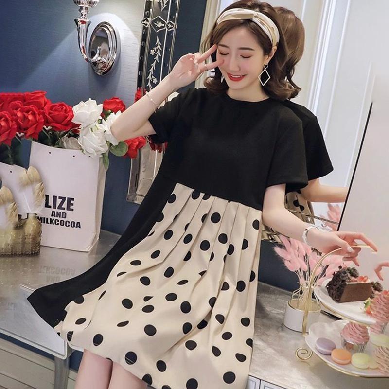 Loose Mid-length Polka Dot Pattern Short-sleeved Dress Mid-length Loose Large-size Dress Ladies Casual Dress Sweet Temperament