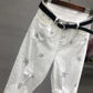 WTEMPO No belt White Star Sticker Rhinestone High-waisted Jeans Harem Pants Female Spring and Autumn Ripped Cropped Trousers