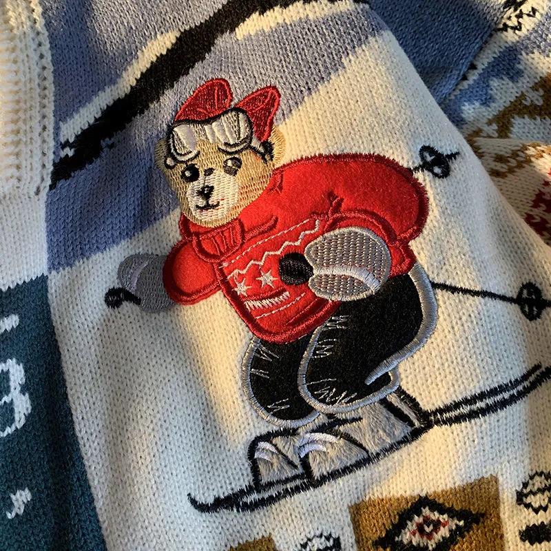 Christmas Sweater Retro Bear Sweater Men's Thick Lazy Style Loose Blouse Suitable for Couples Woolen Clothes