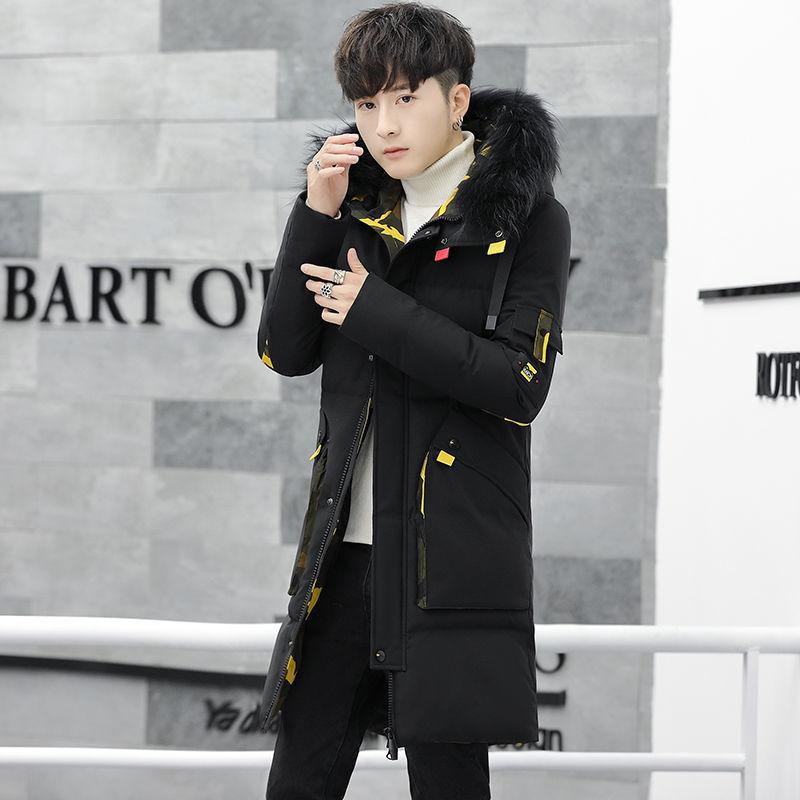 Winter Fashion Trend Cotton-padded Jacket Men's Mid-length Coat  Student Casual Hooded Big Fur Collar Cotton Jacket