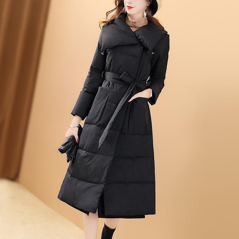 Over The Knee Long Ladies Imitation Down Jacket Winter Black Simple Lace Waist Thick Padded Jacket