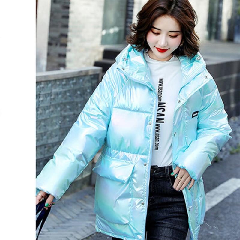 Women's Glossy Mid-length Down Jacket Winter Korean Style Loose Cotton Clothes Casual Hooded Padded Jacket