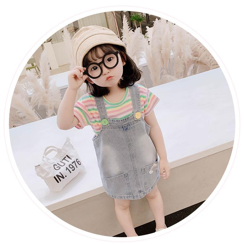 2PCS Children Clothing Set Spring Summer Girls Suits Printing Short Sleeve Stripe Tops + Suspender Skirt Clothing Set