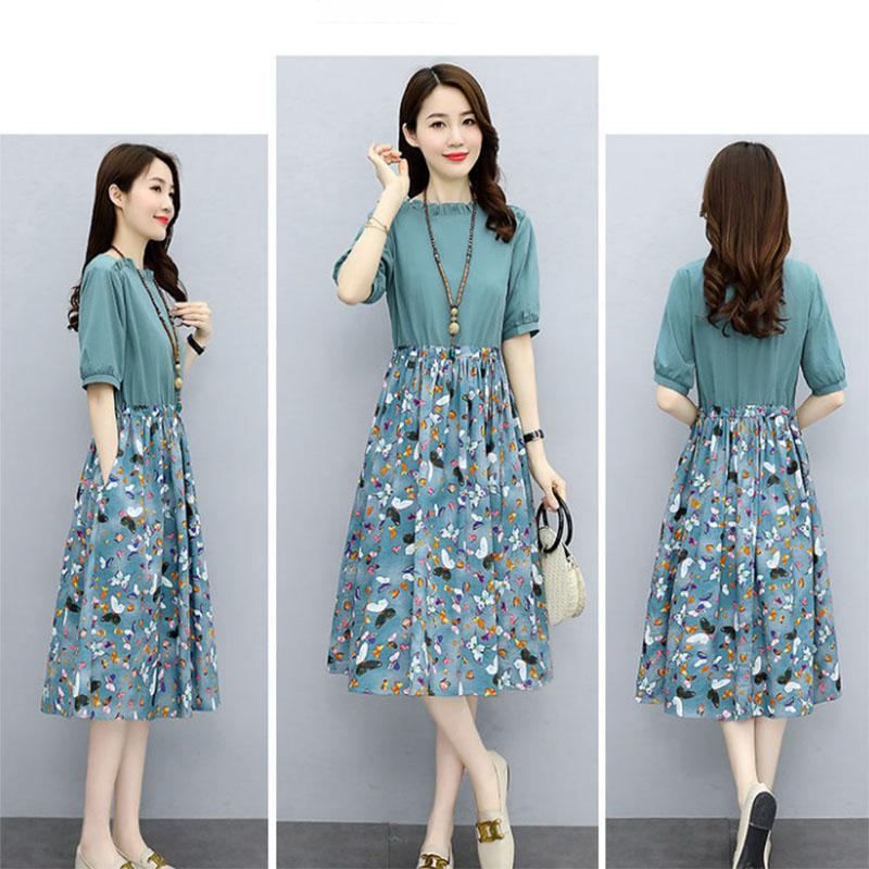 Cotton and Linen Floral Stitching Dress Women's Waist Slimming Temperament Age-reducing Large Size Mid-length A-line Skirt