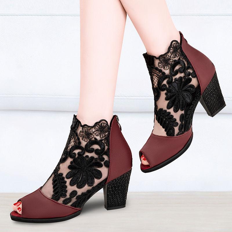 Sandals Female Fish Mouth Shoes Mid-heeled Large Size Sandals Breathable Mesh Shoes Ladies Lace High Heels Sexy All-match