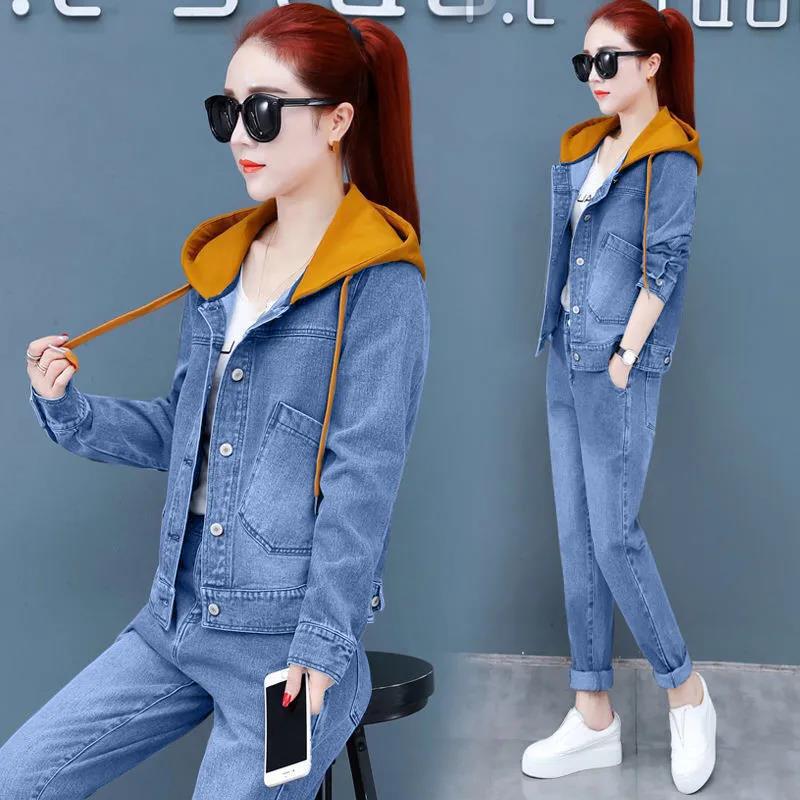 Casual Denim Suit Slimming Denim Hooded Jacket Long-sleeved Jacket + Jeans Two-piece Warm and Comfortable Ladies Casual Suit