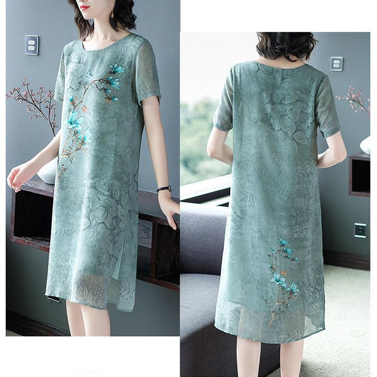 L-XXXXXL Plus Size Mom's Summer Chiffon Dress Mid-length Crew Neck Printed Over-the-knee Skirt