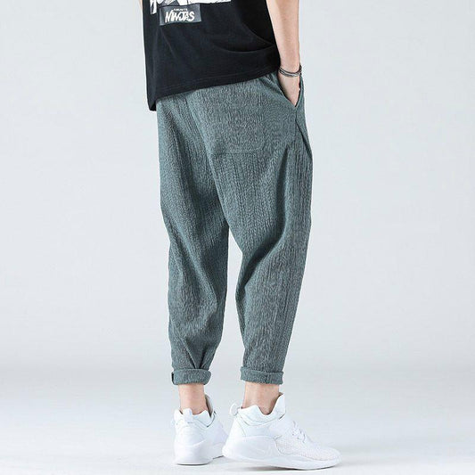 Summer Ninth Pants Ultra-thin Ice Silk Trend Loose Cotton Linen Casual Pants Straight Linen Trousers Men's Summer