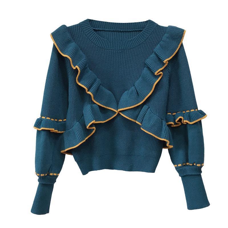 Autumn  Winter Sweater Women's Knit Sweater Round Neck Pullover Fashion Ruffled Wild Long-sleeved Bottoming Shirt