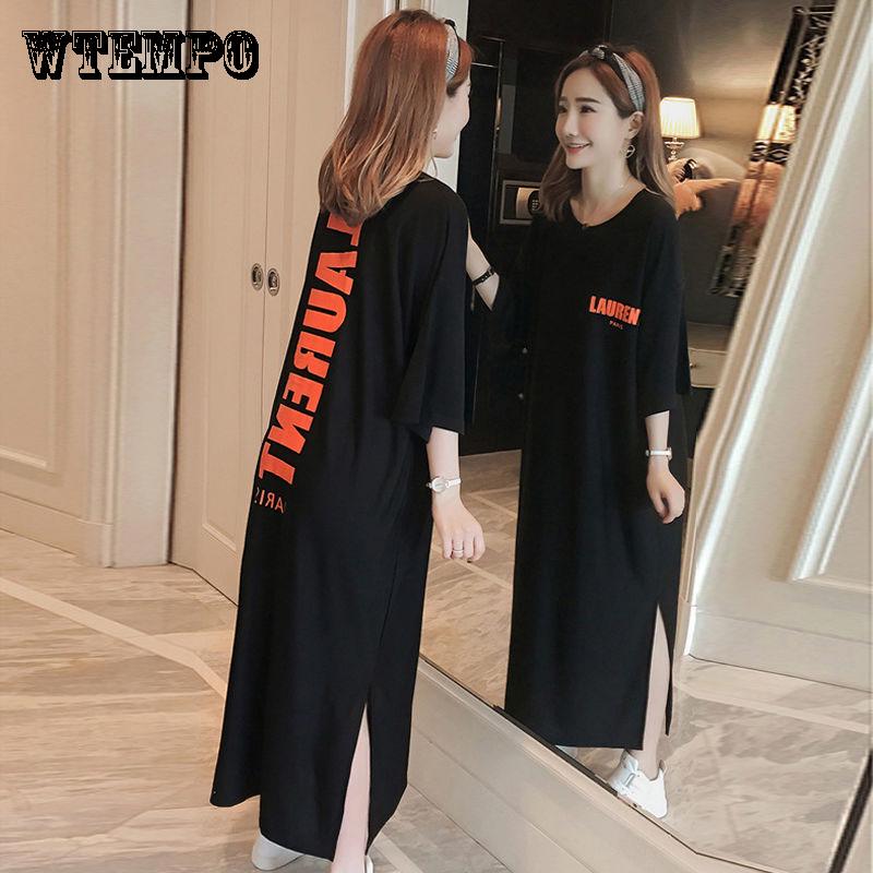 Women Dress Girl Loose O-Neck Batwing Sleeve Cotton Casual T-shirt Dress Long Style Vestido