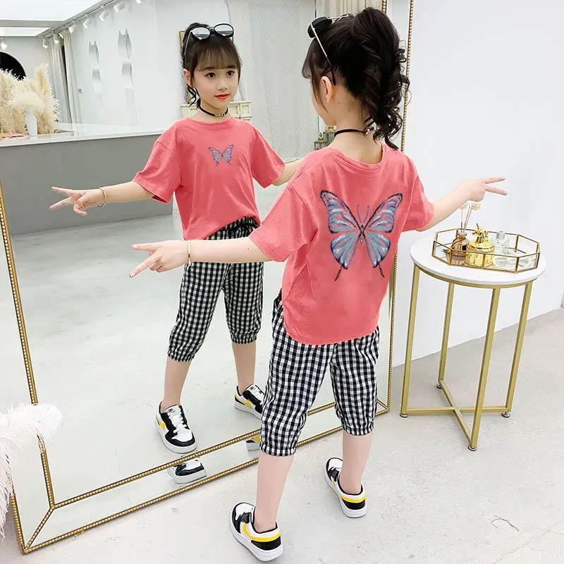 Girls T-Shirt + Plaid Pants Cotton Suit Summer Breathable Cropped Pants Casual Children's Comfortable Butterfly Print Two-piece Set