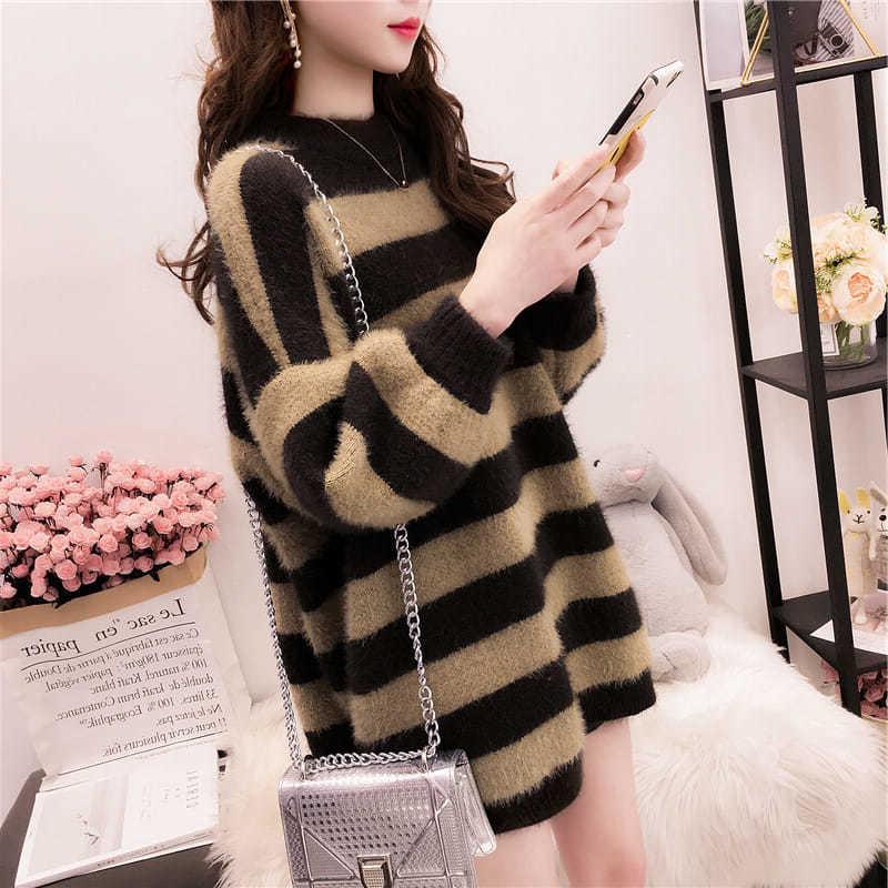 Autumn and Winter Imitation Mink Thick Sweater Striped Pullover Sweater Women Fashion Casual Jacket