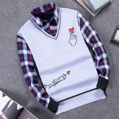 Autumn and Winter Men's Sweater Shirt Fake Two-piece Plus Velvet Thick Knit Sweater Slim Pullover for Teenagers