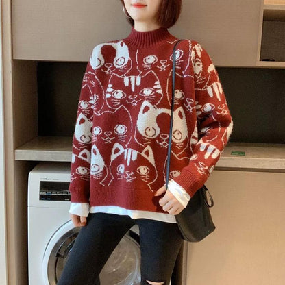 Autumn Winter  Women Fashion Sweater Casual Knitting Sweater Print Round Neck Pullovers Loose Casual Long Sleeve Sweater