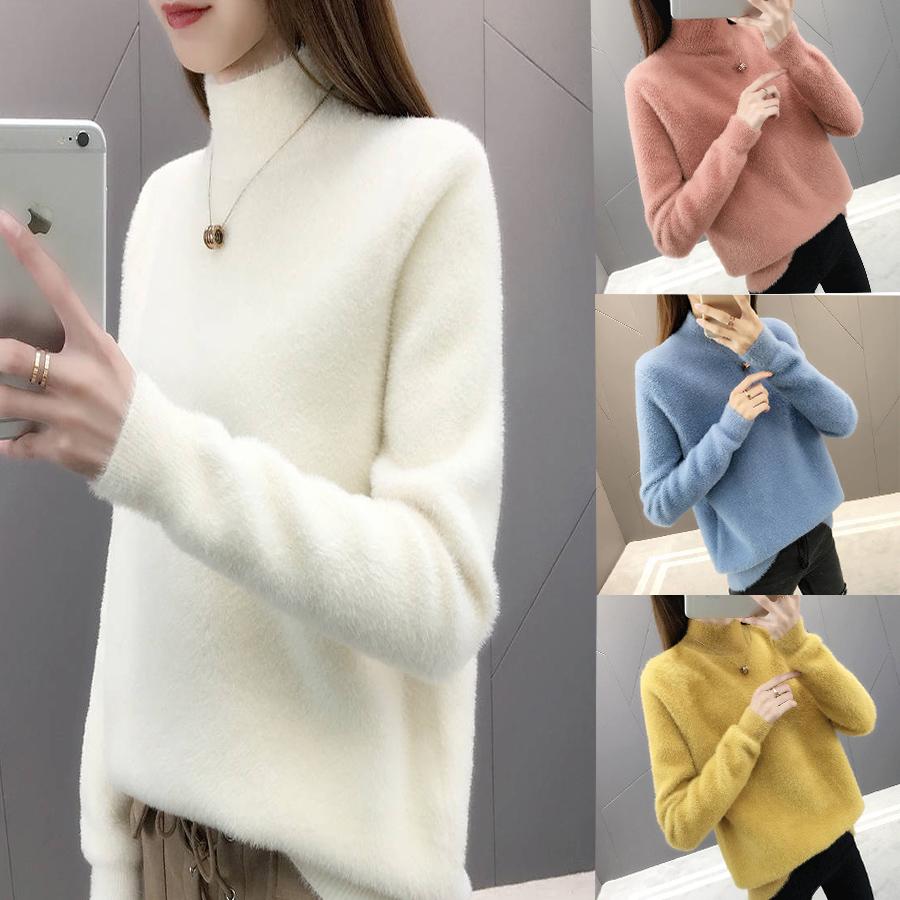 2019 Fashion Cashmere Blended Knitted Sweater Women Tops Autumn Winter Turtleneck Pullovers Female