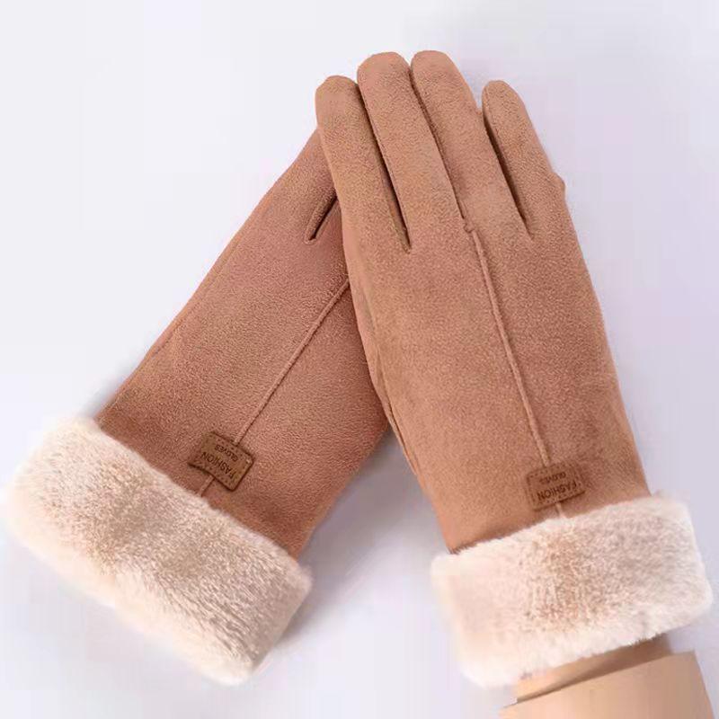 Women's Suede Gloves Winter Double Furry Gloves Warm Snowflake Embroidery Outdoor Fashion Gloves