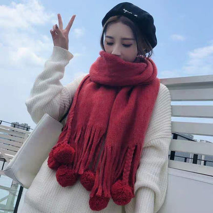 Winter Female Wool Plaid Scarf Women Cashmere Scarves Wide Lattices Long Shawl with Ball Tassel