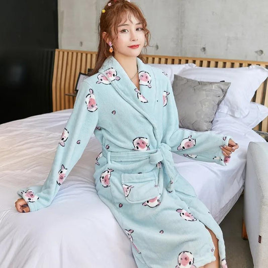 Women's Priting Nightgown Long Sleeves Bathrobe Coral Flannel Pajamas Dress Cute Cartoon Pocket Plus Velvet Thick Bathrobe with Belt