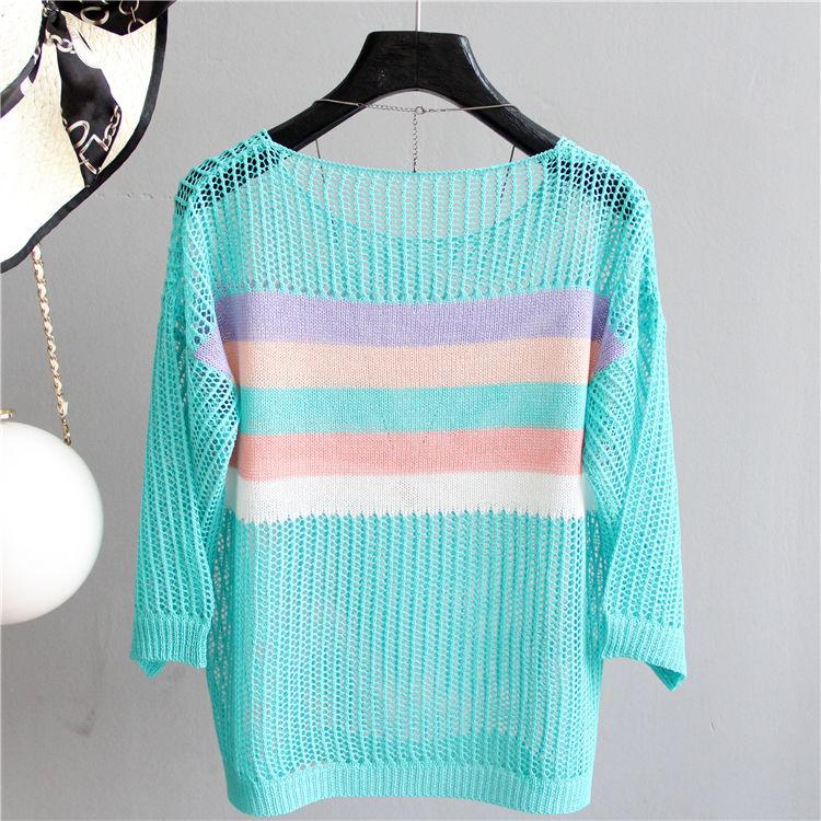 Striped Pullover Sweater Spring Korean Version Hollow Blouse Female Contrast Color Loose Five-point Sleeve Bottoming Shirt Breathable Cool Top