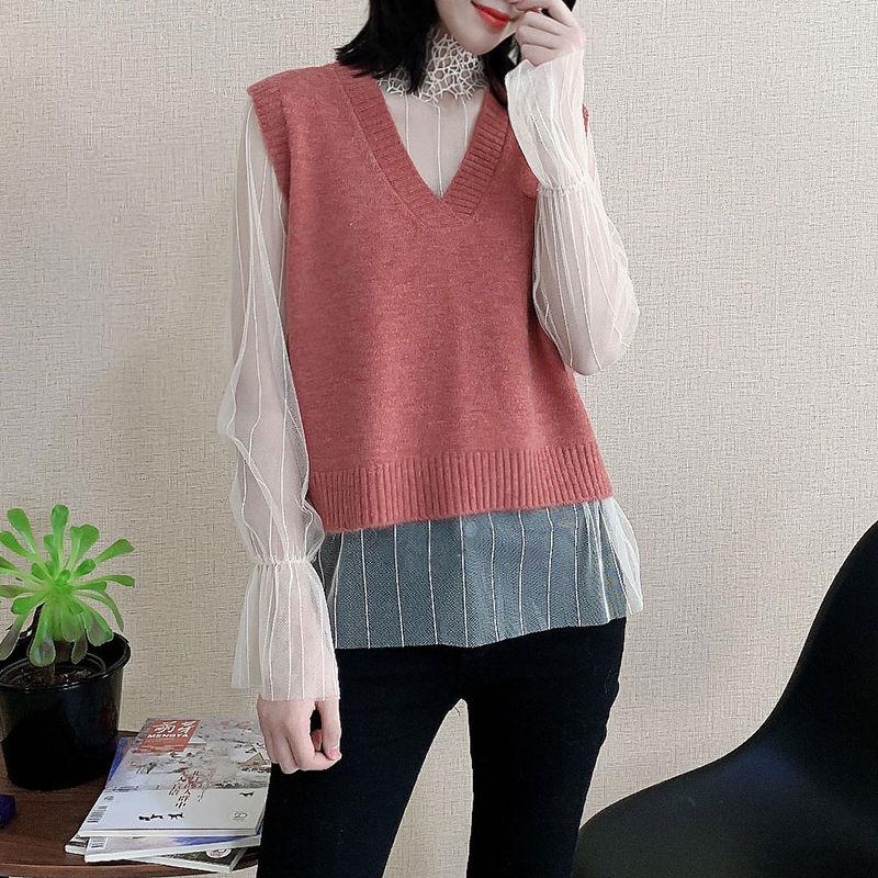 Autumn and Winter Small Pocket V-neck Vest Knitted Loose Cropped Top Sleeveless Waistcoat Women Sweater