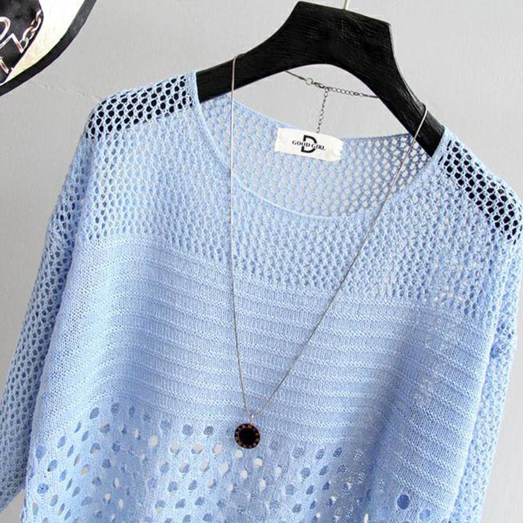 Summer Thin Bottoming Blouse Hollow Top Loose Pullover Knitted Sweater Women's Sunscreen Solid Color Breathable T-shirt