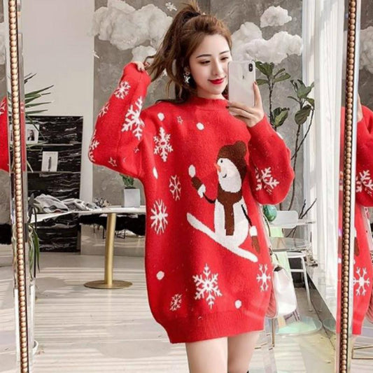 Pofulove Christmas Sweater Women's Mid-length Thick Loose Pullover Autumn Winter Snowman Sweater