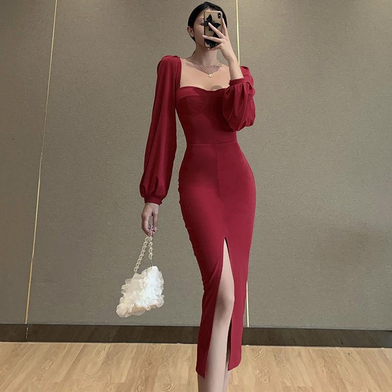 Female Retro Elegant Long Sleeve Court Style Bubble Sleeve Slim and Long Split Graceful Dress