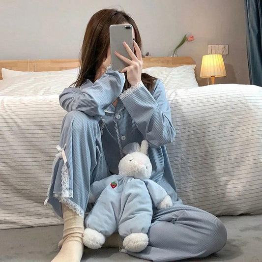 Women's Spring Autumn Long-sleeved Stripes Pajamas Set Lace Lapel Button Cardigan Pants Suit Winter Cute Simple Out Wear Loose Homewear Sleeping Suit