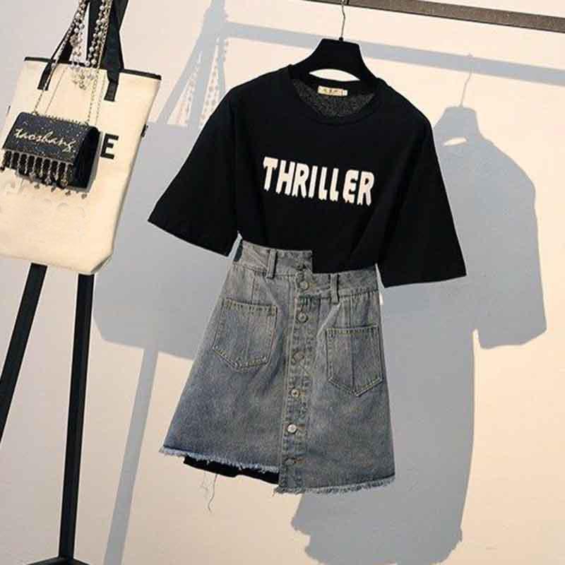 2pcs/set Summer Women Long O-neck T-shirt+Sexy Denim Skirt 2pcs Office Lady Slim T-shirt Skirt Suit