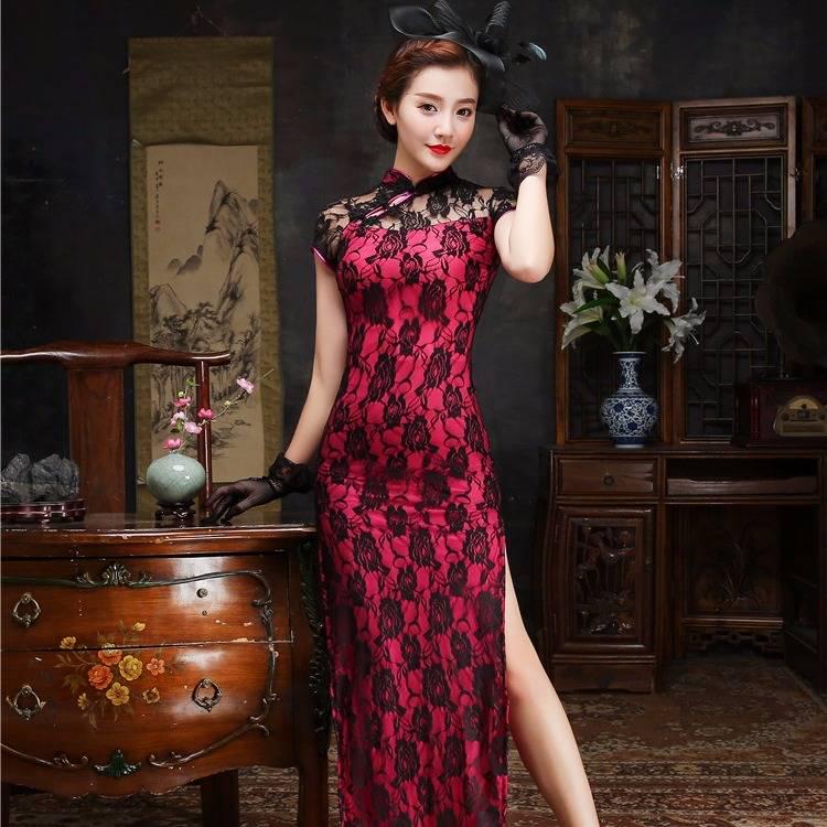 Plus Size Women Lace Classic Long Cheongsam Rayon Floral Elegant Evening Party Dress Traditional