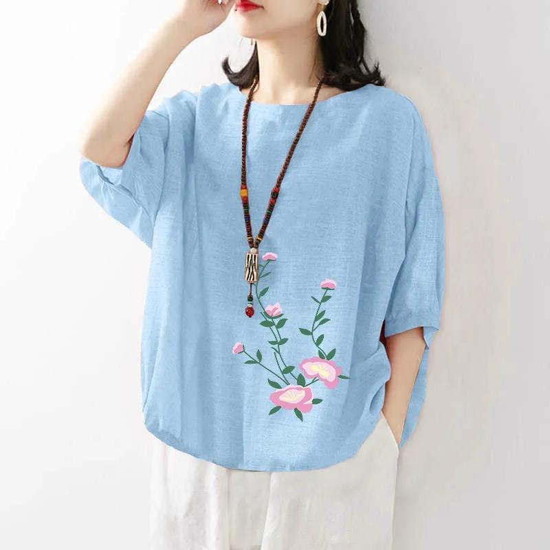 Women's Cotton Linen Short-sleeved Print T-shirt Female Summer Solid Color Loose Large Size Tops