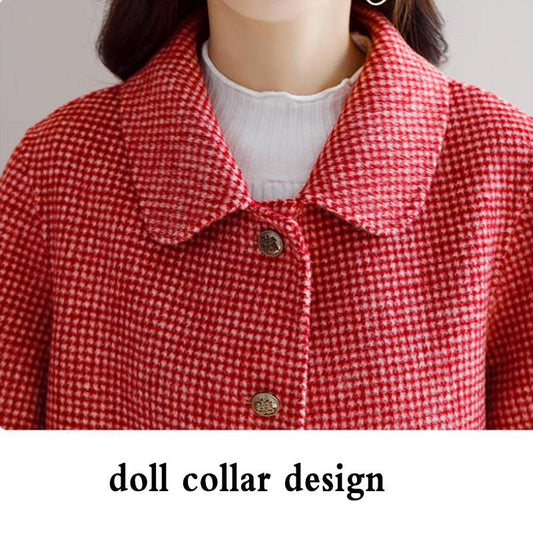 Woolen Coat Women Can't Afford To Ball Mid-length Autumn and Winter Houndstooth Loose Doll Collar Woolen Coat