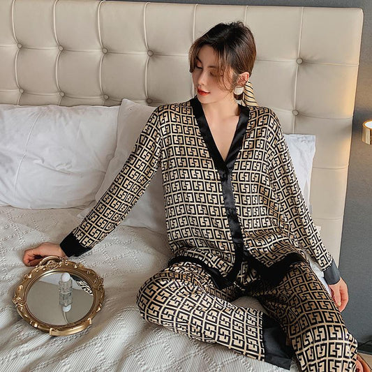 Women's Pajamas Suit V Neck Design Luxury Pajama Set Cross Letter Print Sleepwear Silk Satin Home Clothes Plus Size Nightwear