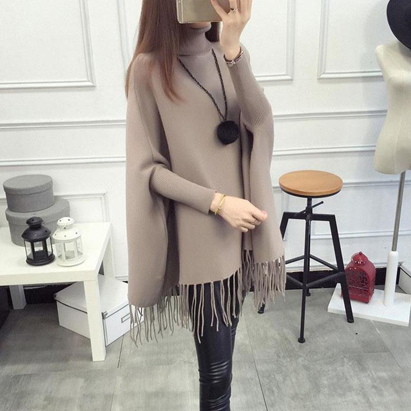 Autumn and Winter High Neck Tassel Sweater Pullover Mid-length Loose Top Knitted Casual Women's Bat Shirt