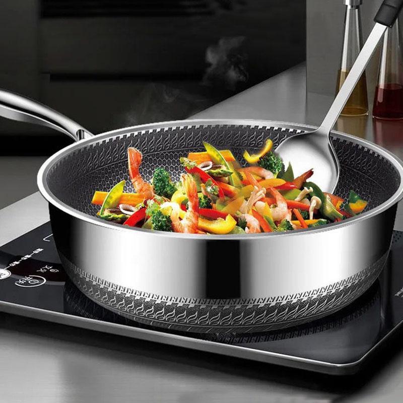 316 Stainless Steel Frying Pan 24-30cm Uncoated No Oily Smoke Non-stick Pancake Pan Household Cooking Pan