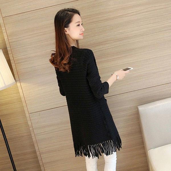 Women's Autumn Mid-length Tassel Cardigan Sweater Spring Large Size Solid Color Casual Sweater Coats