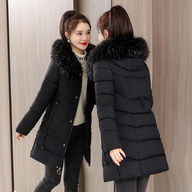 Down Jacket Winter Ladies Fashion Korean Big Fur Collar Thick Warm Hooded Mid-length Plus Size Cotton Jacket