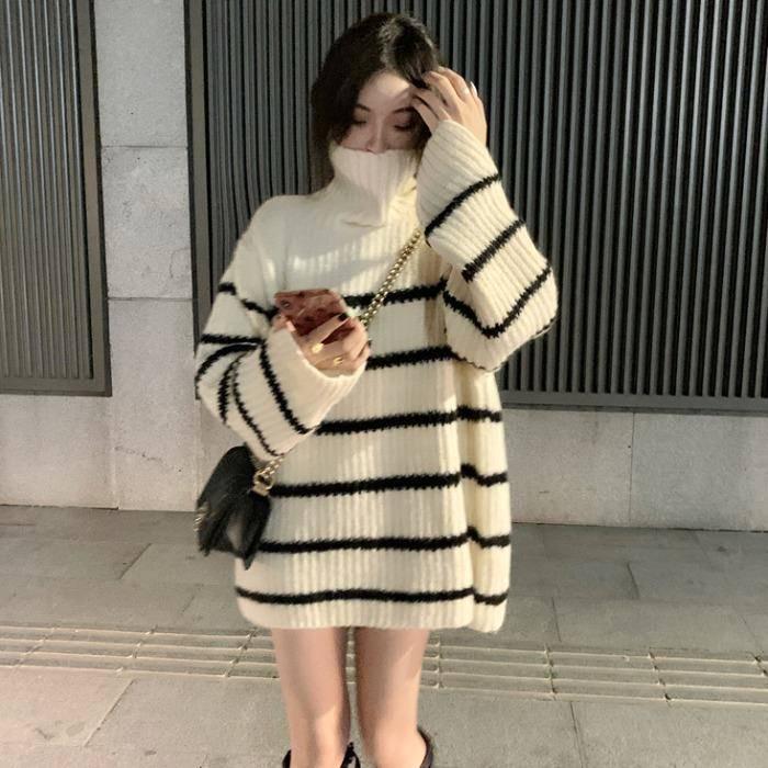 Pofulove Black or White Turtleneck Long Section Sweater Cool Oversize  Striped Loose Cuffs Pullover